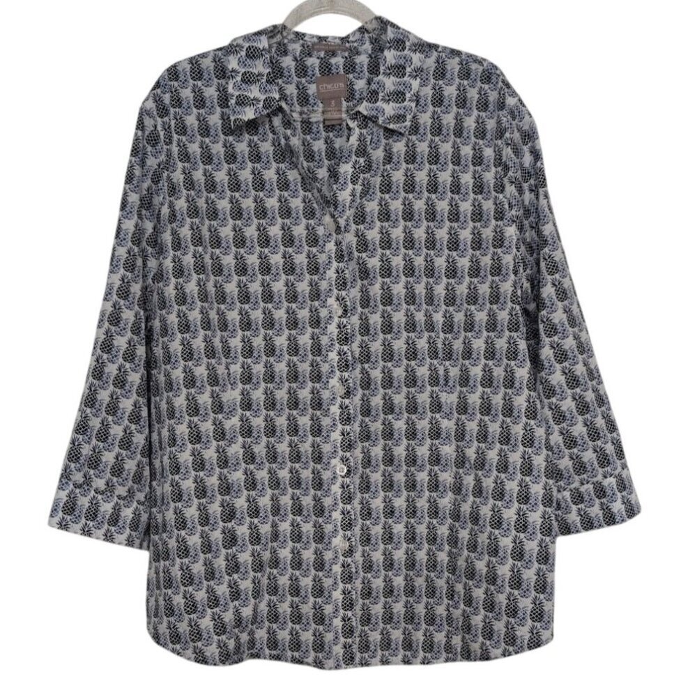 Chicos 3 Pineapple Wrinkle Resistant Shirt Womens Size XL 3/4 Sleeves Button Up